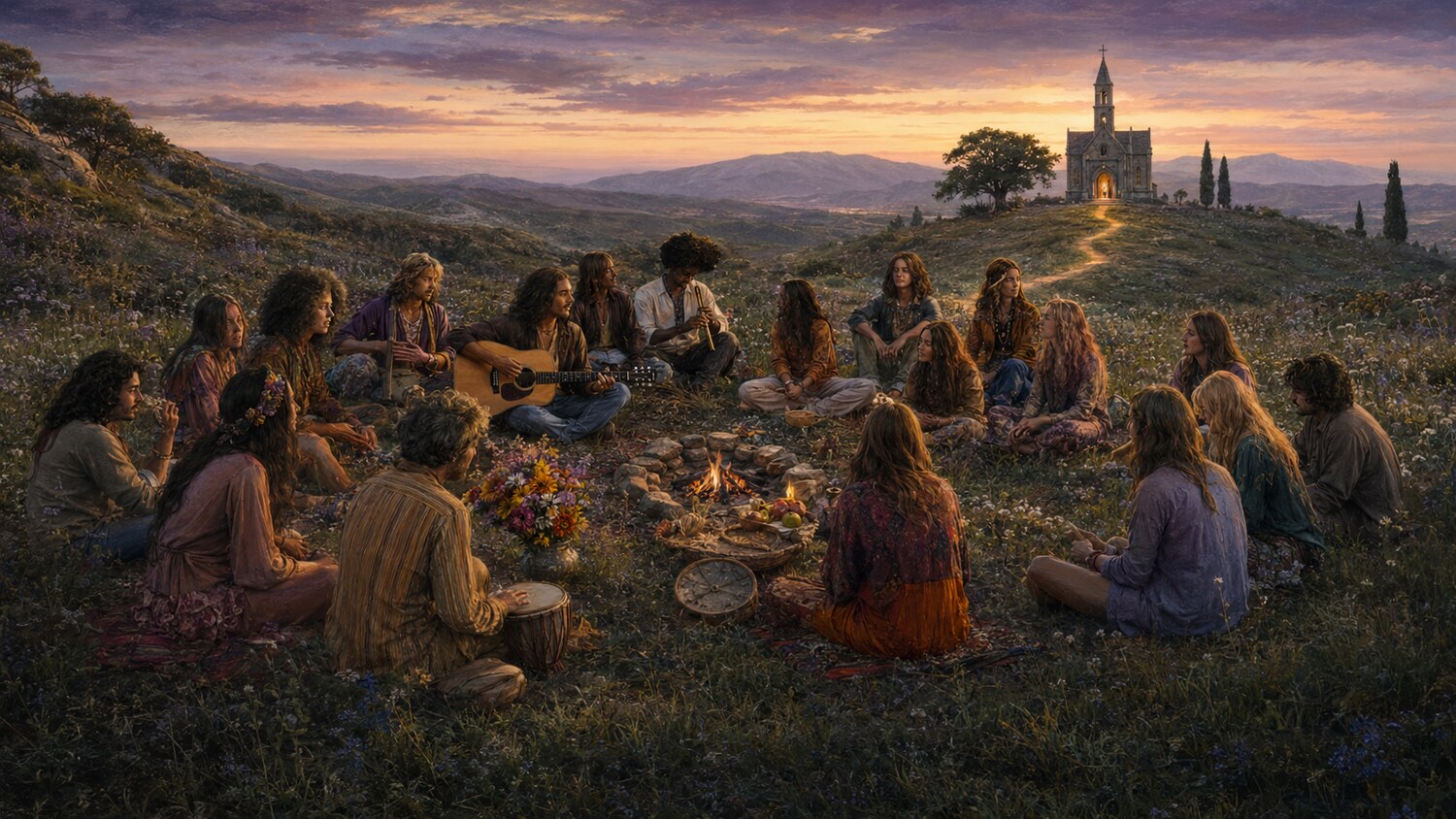 Comunidad hippie entre música, protesta y búsqueda espiritual fuera de la Iglesia.