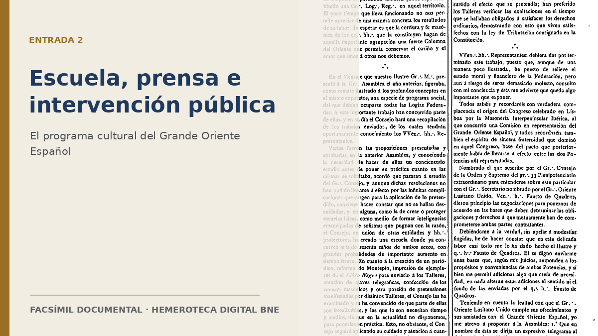 Portada documental de «Escuela, prensa e intervención pública», con facsímiles del Grande Oriente Español