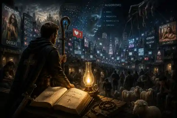 Centinela cristiano ante una ciudad contemporánea hiperconectada y herida, con Evangelio abierto, lámpara del discernimiento, bastón pastoral, espada envainada, ovejas y periferias humanas; flujos digitales y estímulos rodean la ciudad mientras la luz ilumina primero al propio centinela.
