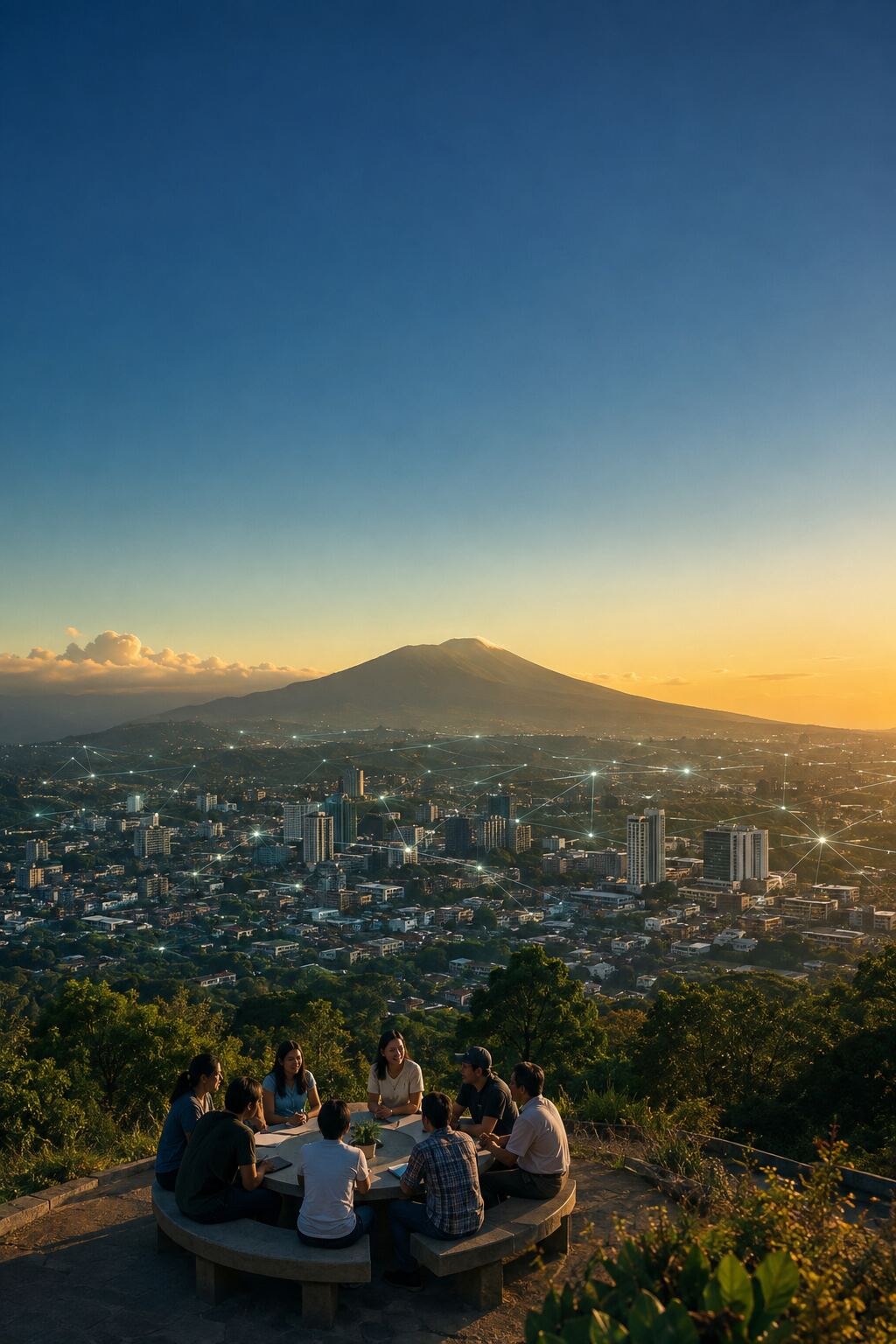 San Salvador ante el volcán, conectado por una red tecnológica, mientras ciudadanos deliberan en comunidad.