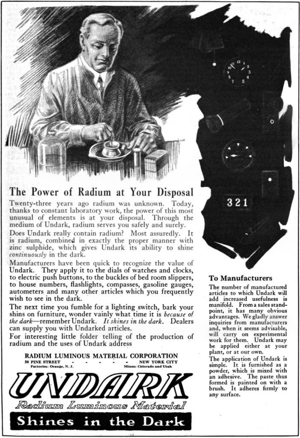 Anuncio de 1921 de la pintura luminosa Undark, de la Radium Luminous Material Corporation, publicado en The American Magazine